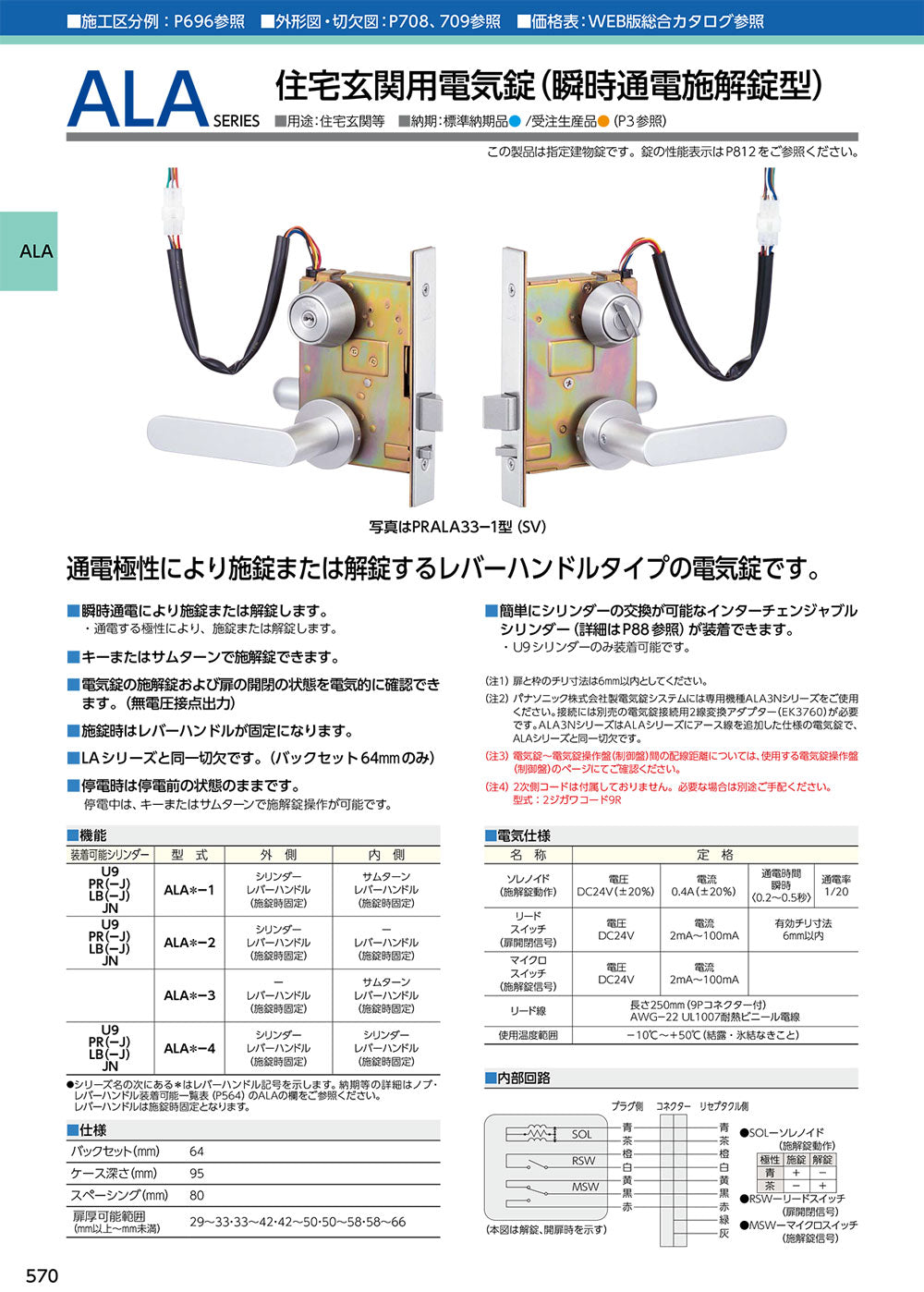 MIWA U9 ALA33-1 BS64本締電気錠(モーター錠)
